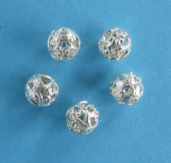 5 filigree beads , silver, 6 mm